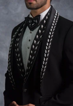 Hand Embroidered Pure Terry Rayon Tuxedo Set in Black