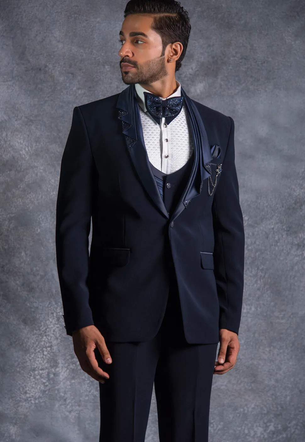 Hand Embroidered Pure Terry Rayon Tuxedo Set in Navy Blue