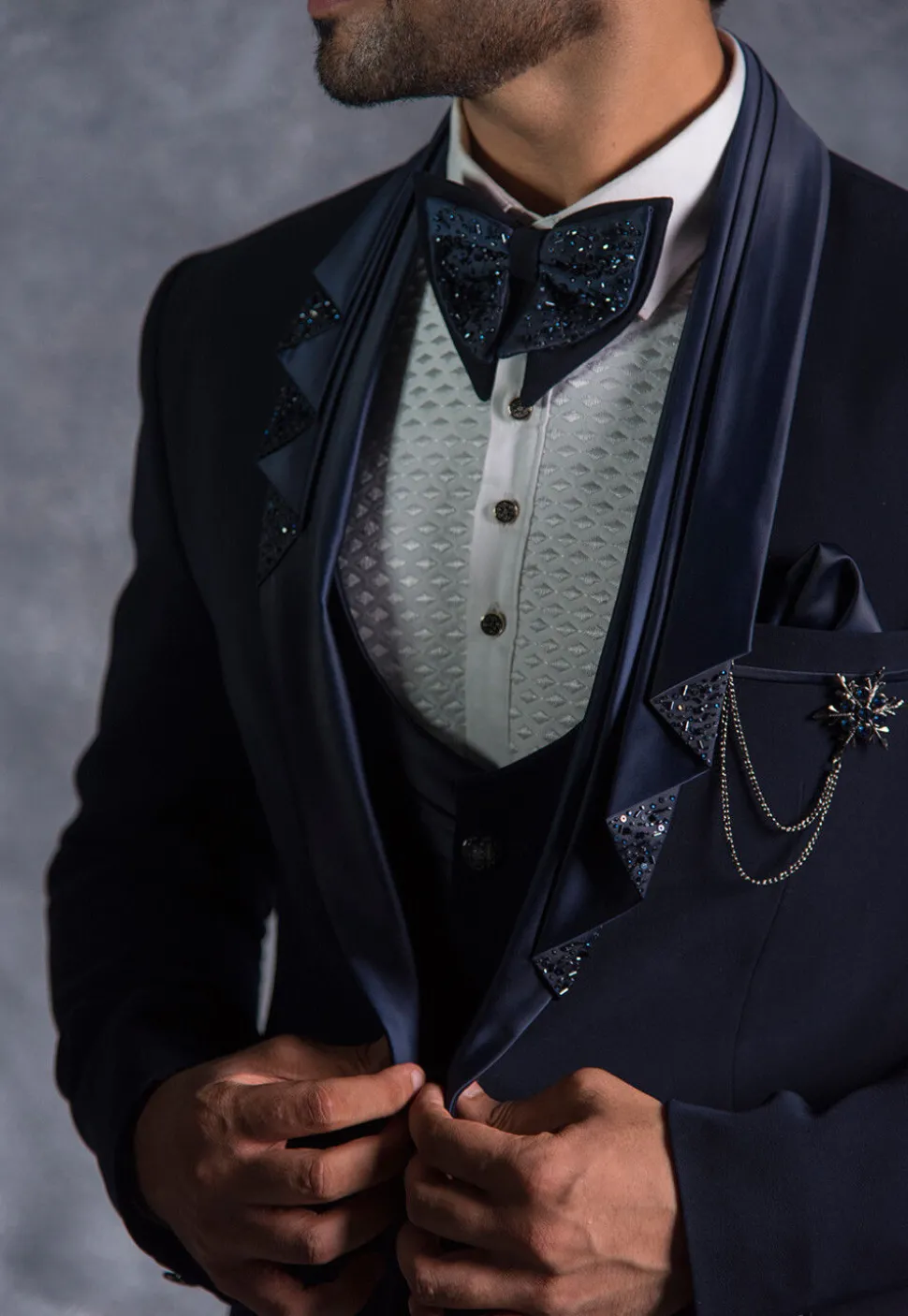 Hand Embroidered Pure Terry Rayon Tuxedo Set in Navy Blue