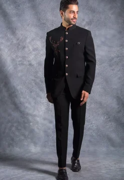 Hand Embroidered Pure Terry Rayon Jodhpuri Suit in Black