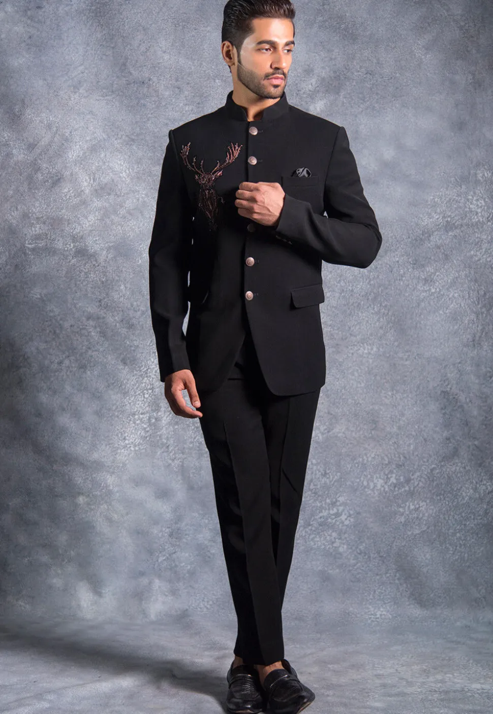 Hand Embroidered Pure Terry Rayon Jodhpuri Suit in Black