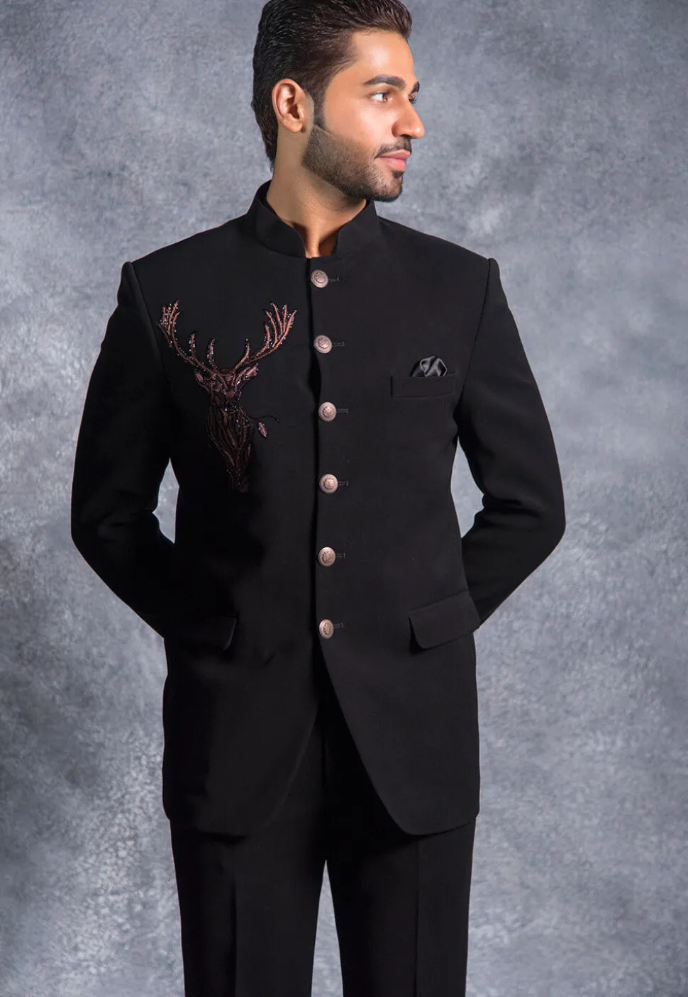 Hand Embroidered Pure Terry Rayon Jodhpuri Suit in Black