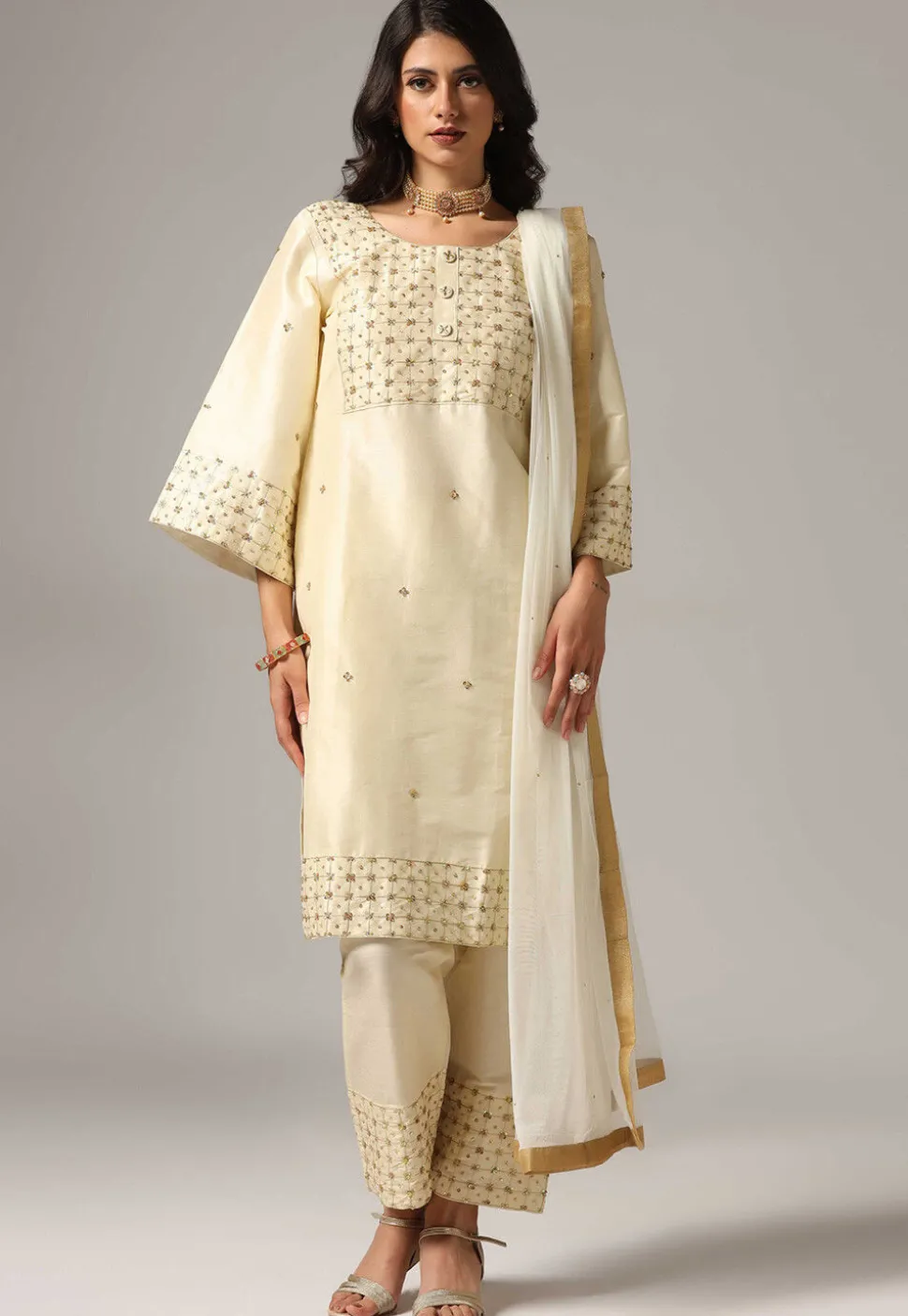 Hand Embroidered Raw Silk Pakistani Suit in Cream