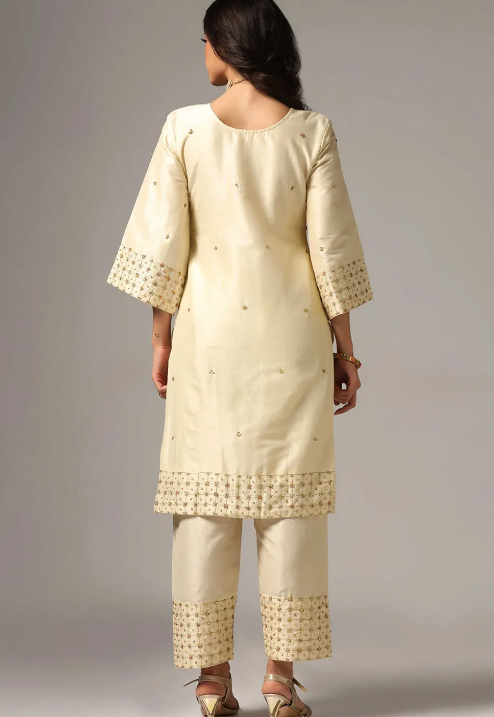 Hand Embroidered Raw Silk Pakistani Suit in Cream