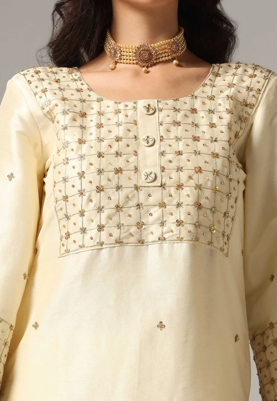 Hand Embroidered Raw Silk Pakistani Suit in Cream
