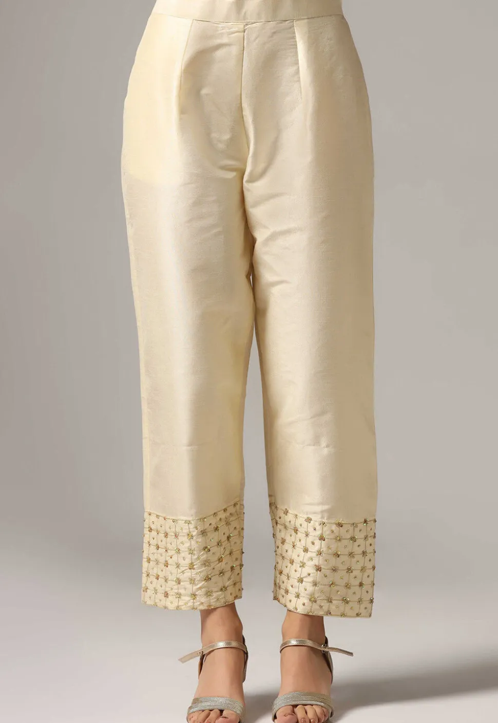Hand Embroidered Raw Silk Pakistani Suit in Cream