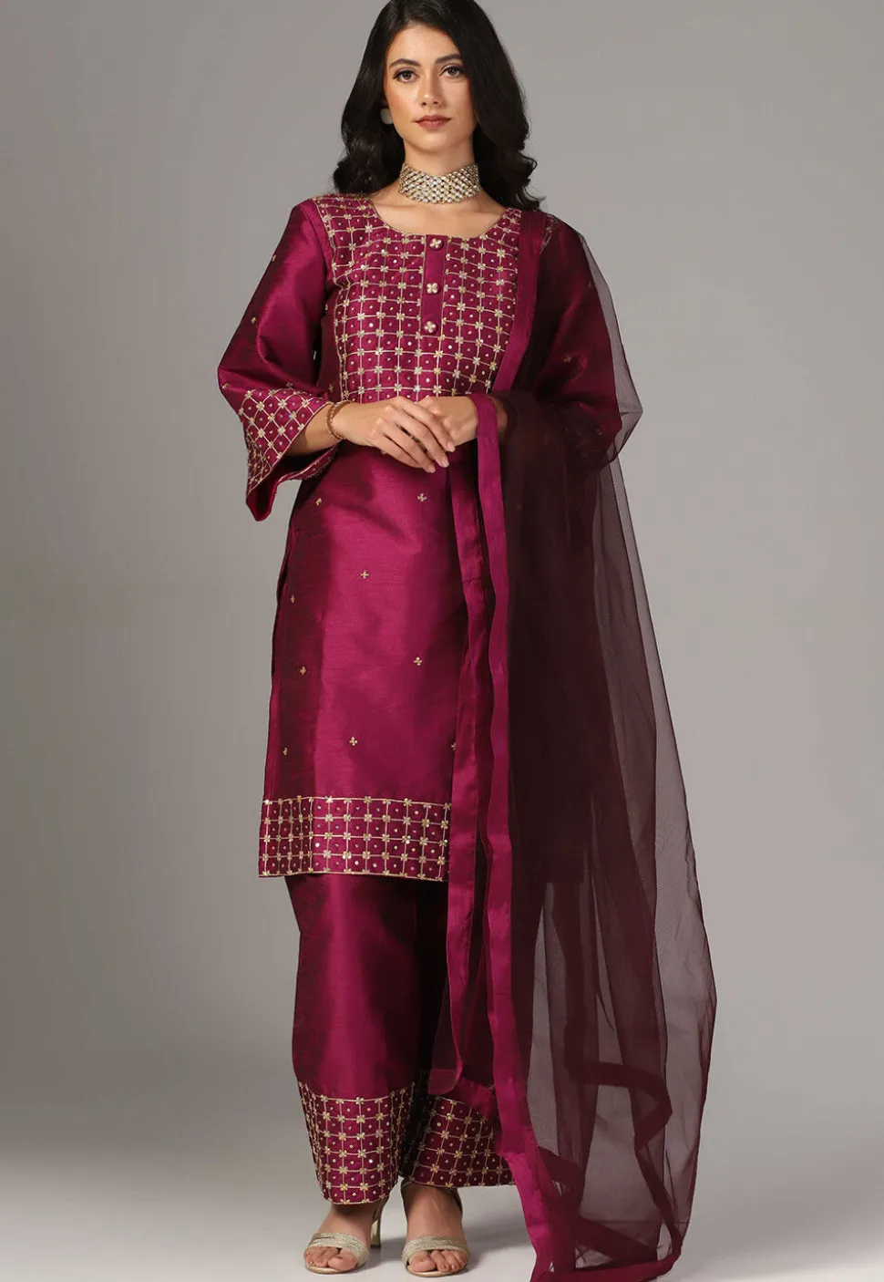 Hand Embroidered Raw Silk Pakistani Suit in Magenta