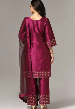 Hand Embroidered Raw Silk Pakistani Suit in Magenta