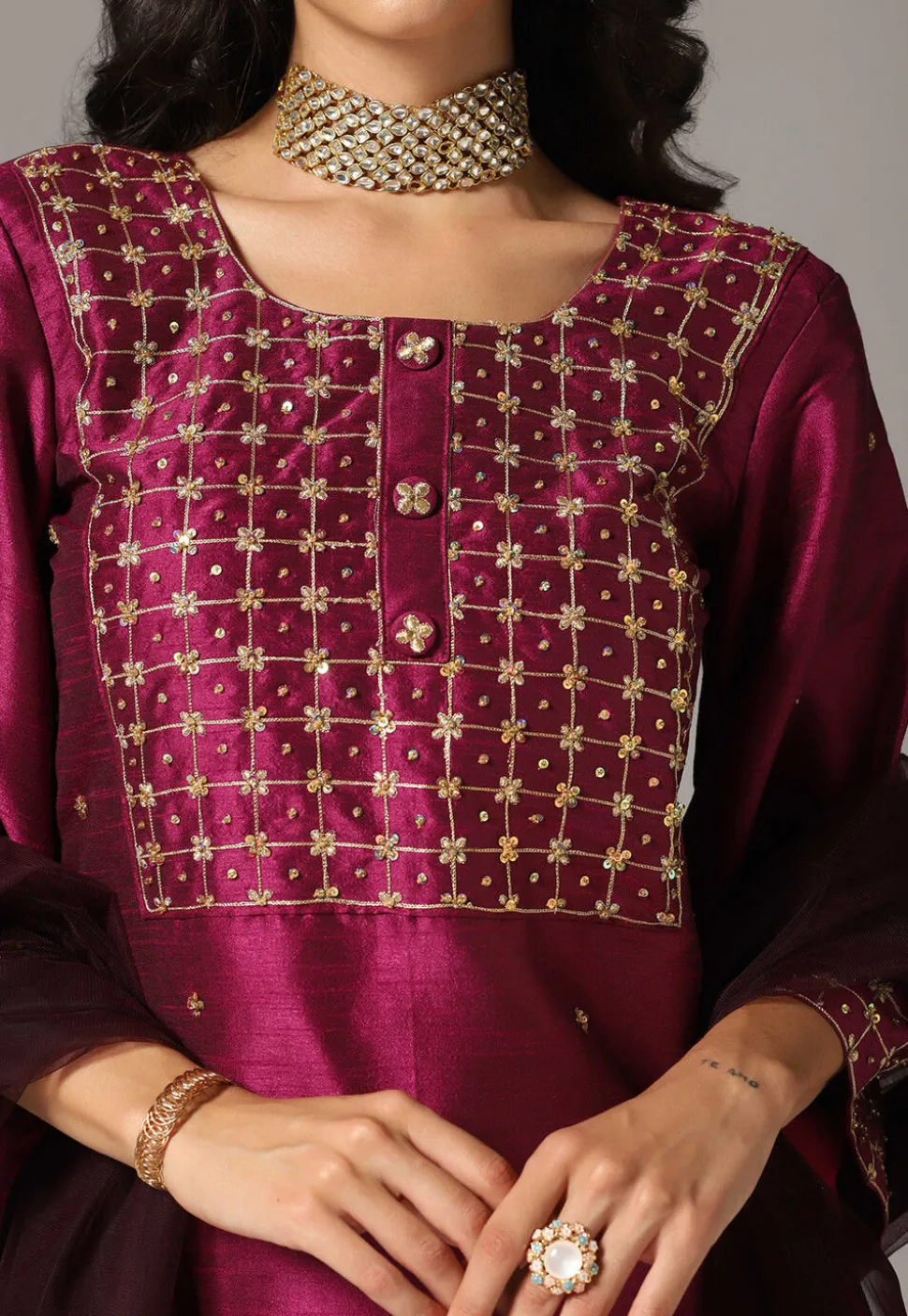 Hand Embroidered Raw Silk Pakistani Suit in Magenta