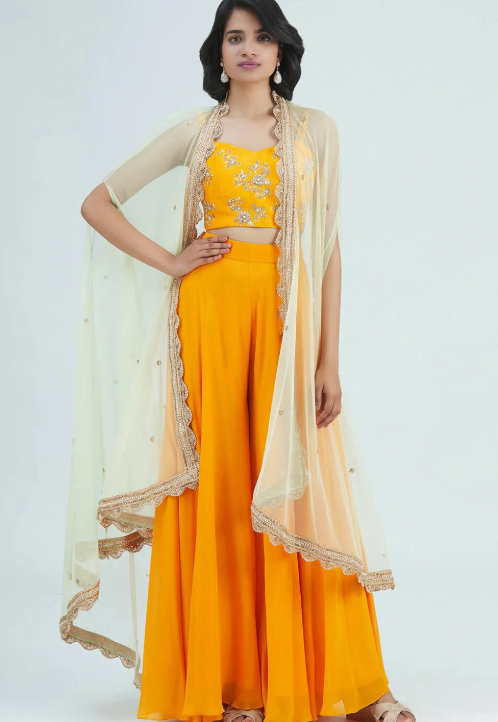 Hand Embroidered Raw Silk Crop Top with Palazzo in Orange