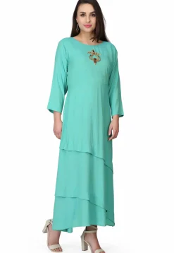 Hand Embroidered Rayon Gown in Sea Green