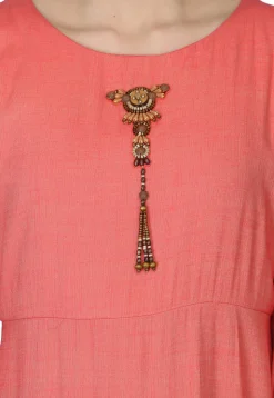 Hand Embroidered Rayon Maxi Dress in Peach