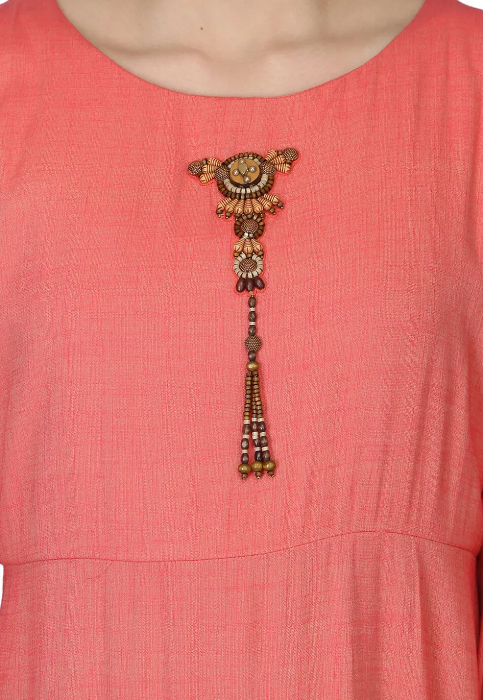 Hand Embroidered Rayon Maxi Dress in Peach