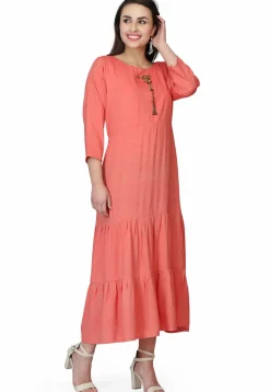 Hand Embroidered Rayon Maxi Dress in Peach