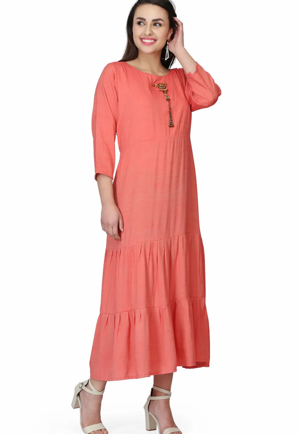 Hand Embroidered Rayon Maxi Dress in Peach