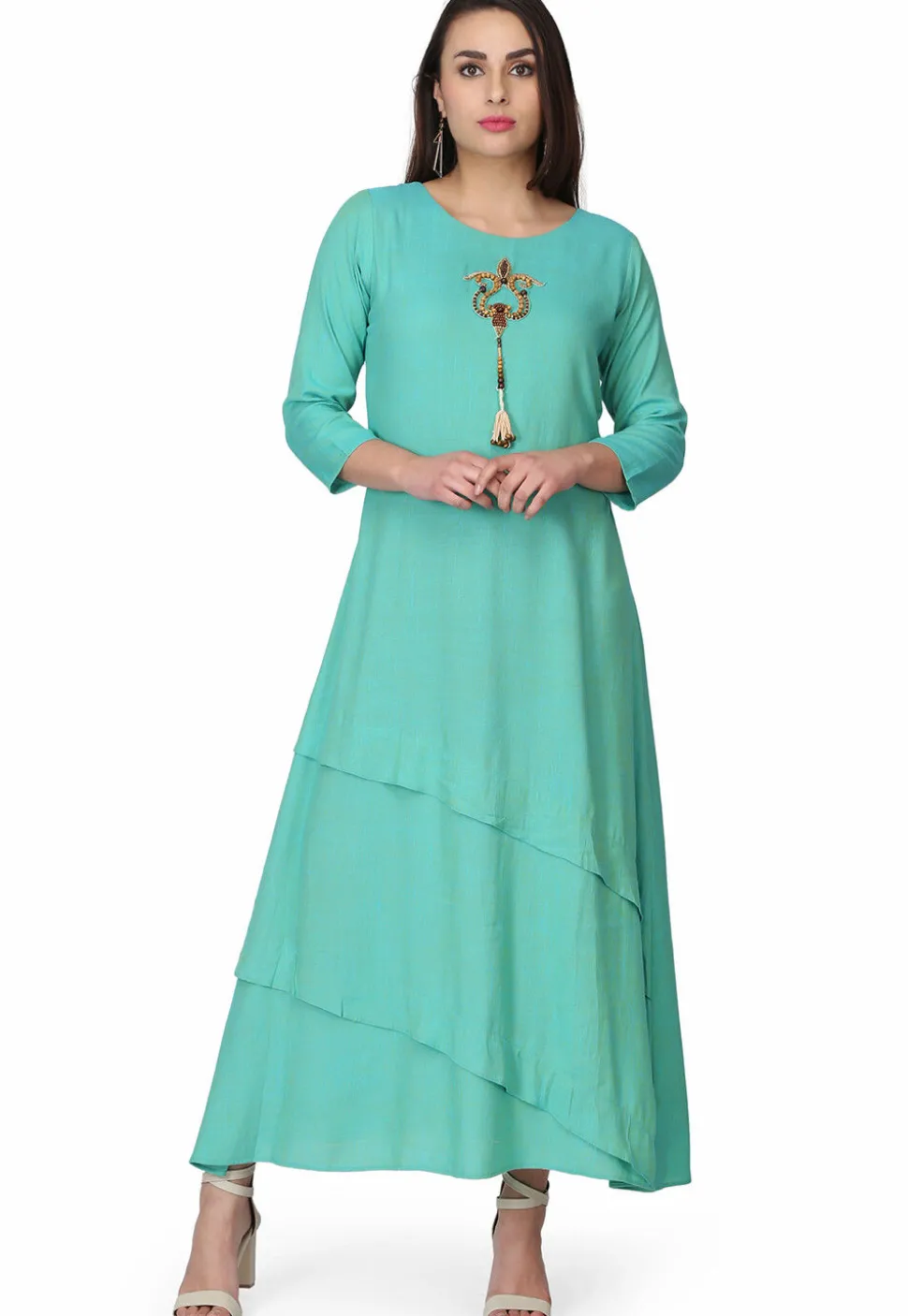 Hand Embroidered Rayon Maxi Dress in Sea Green