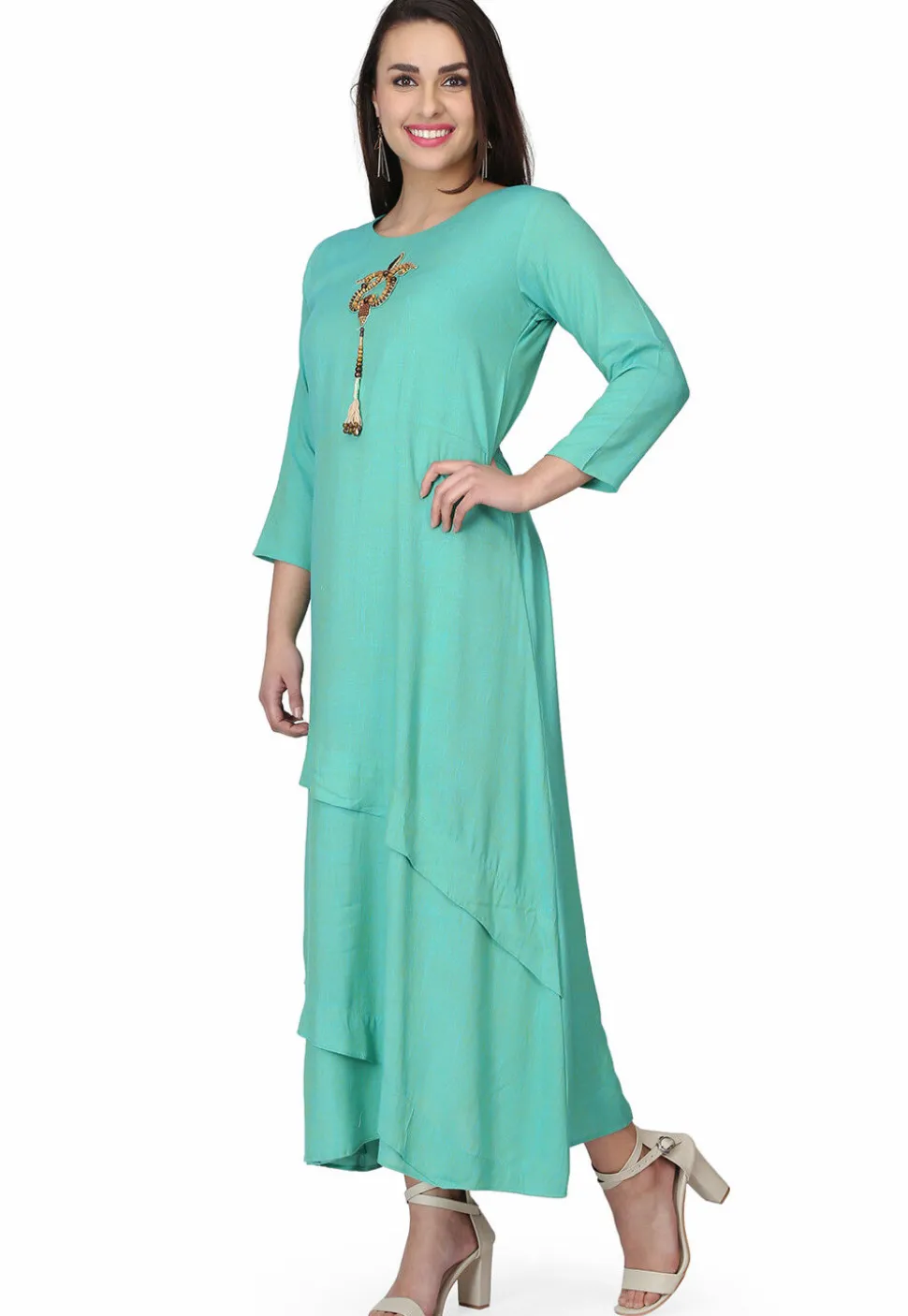 Hand Embroidered Rayon Maxi Dress in Sea Green