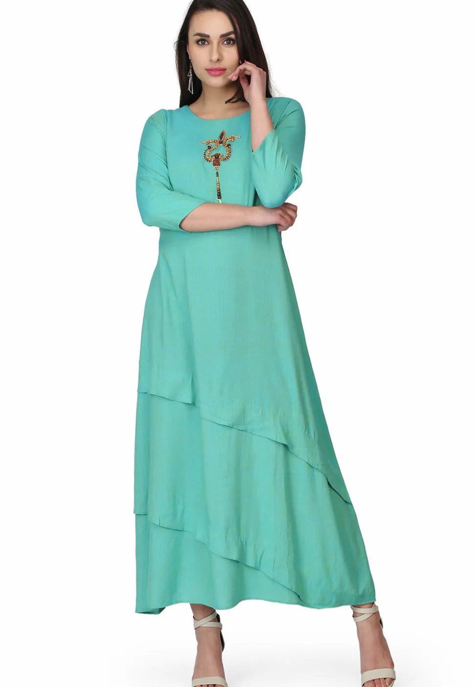 Hand Embroidered Rayon Maxi Dress in Sea Green