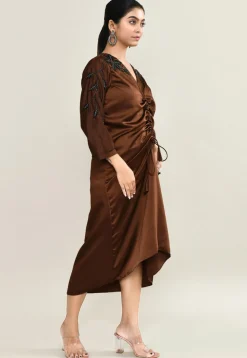 Hand Embroidered Satin A Line Dress in Brown