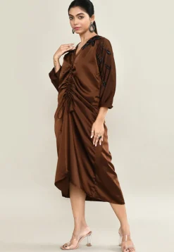 Hand Embroidered Satin A Line Dress in Brown