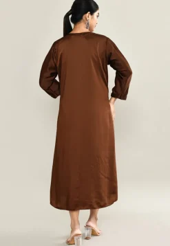 Hand Embroidered Satin A Line Dress in Brown