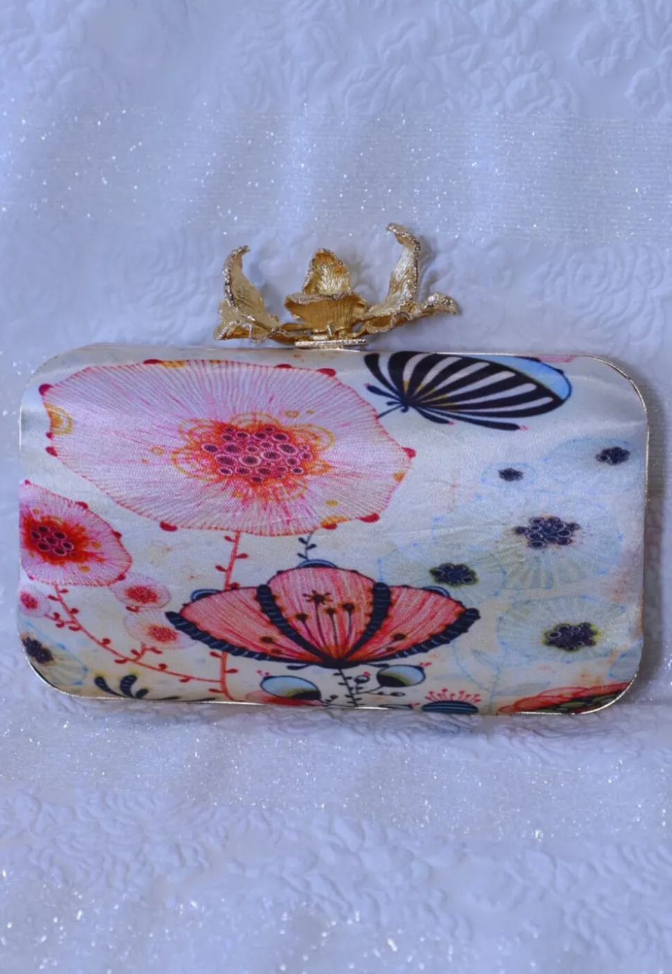 Hand Embroidered Satin Clutch Bag in Multicolor