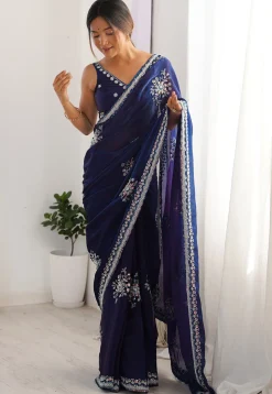 Hand Embroidered Satin Georgette Saree in Navy Blue