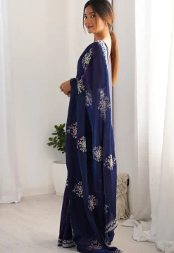 Hand Embroidered Satin Georgette Saree in Navy Blue