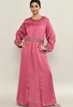 Hand Embroidered Satin Gown in Old Rose