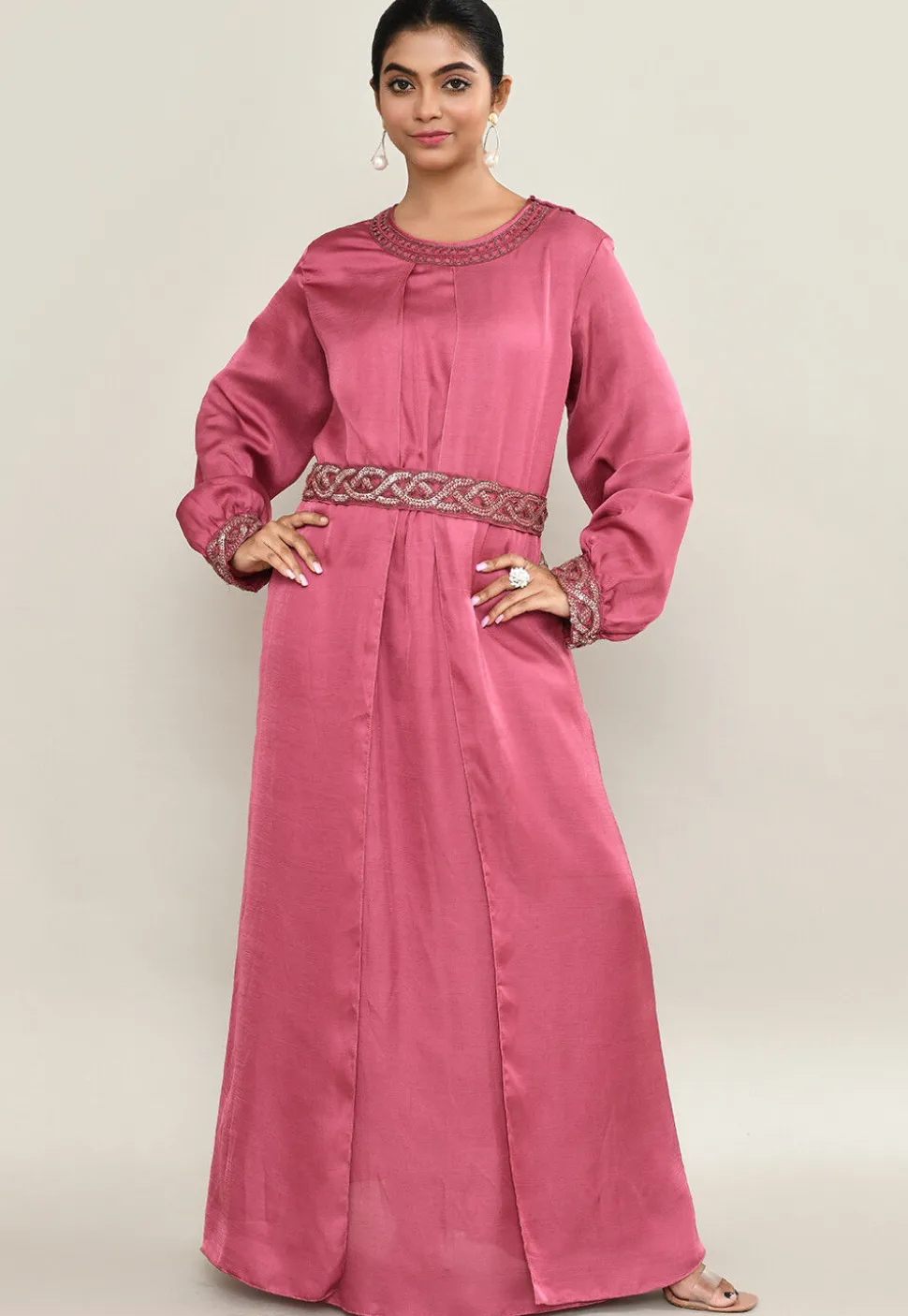 Hand Embroidered Satin Gown in Old Rose