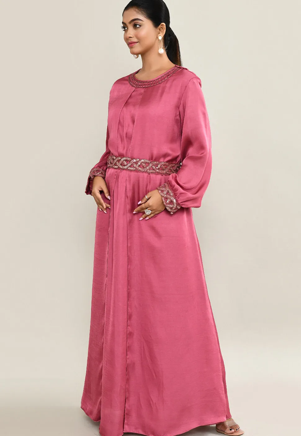 Hand Embroidered Satin Gown in Old Rose