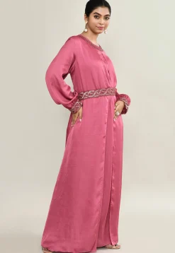 Hand Embroidered Satin Gown in Old Rose