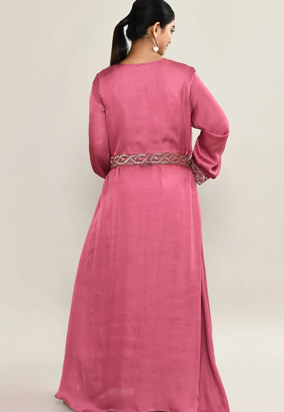 Hand Embroidered Satin Gown in Old Rose