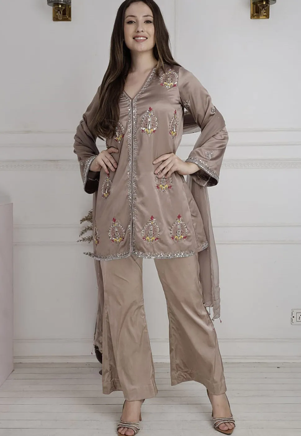 Hand Embroidered Satin Pakistani Suit in Fawn