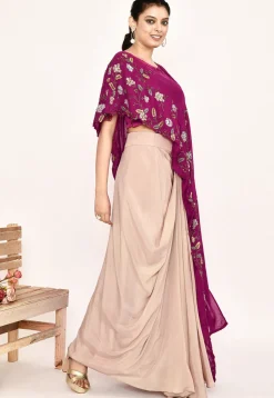 Hand Embroidered Satin Silk Asymmetric Top Set in Magenta