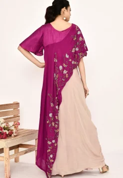 Hand Embroidered Satin Silk Asymmetric Top Set in Magenta