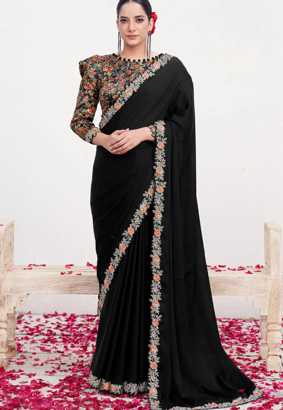 Hand Embroidered Satin Silk Saree in Black
