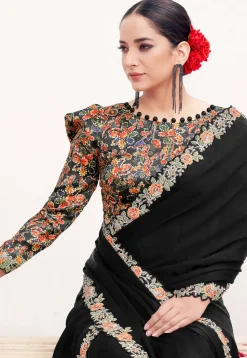 Hand Embroidered Satin Silk Saree in Black