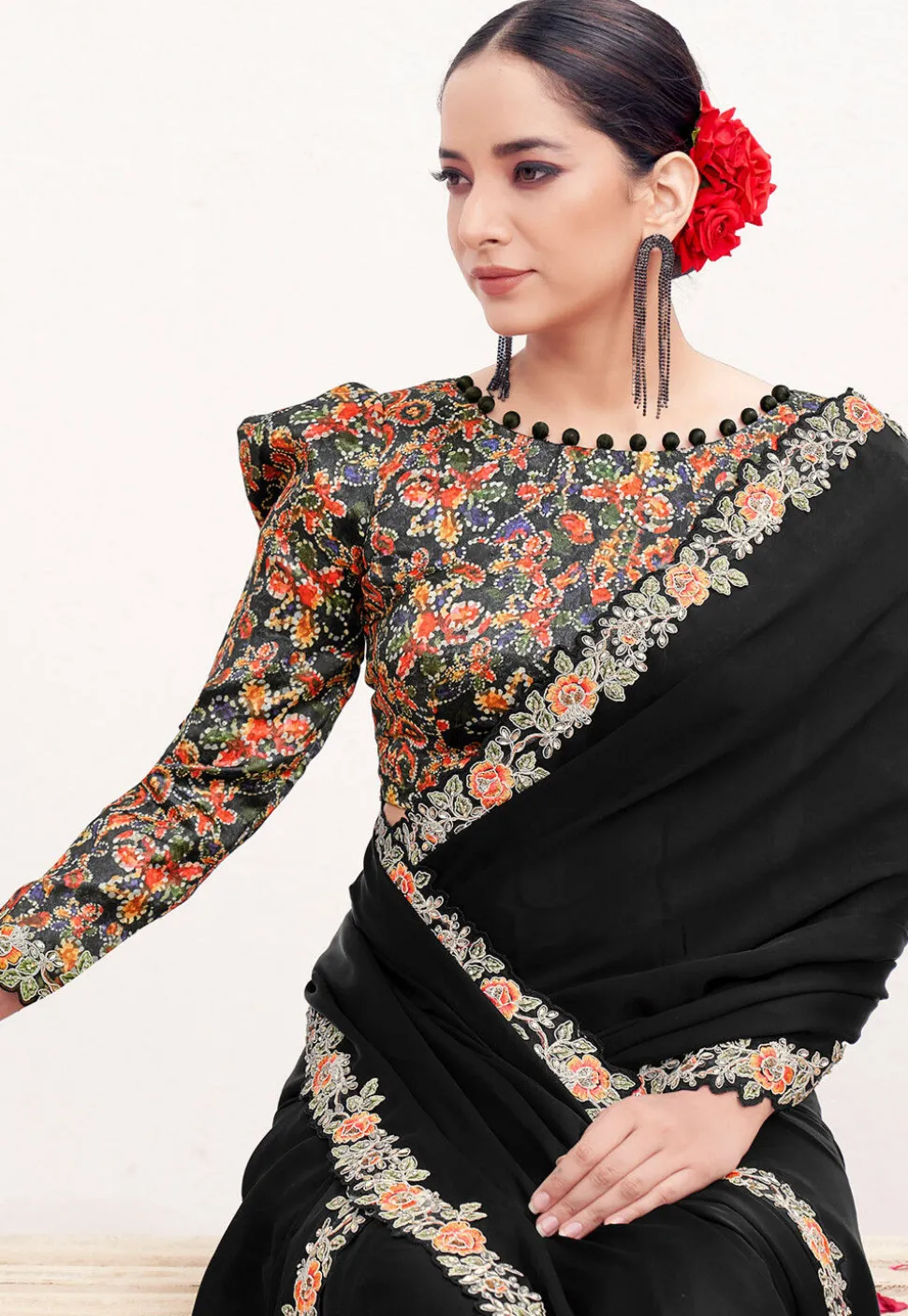 Hand Embroidered Satin Silk Saree in Black