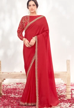 Hand Embroidered Satin Silk Scalloped Saree in Red
