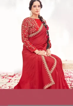 Hand Embroidered Satin Silk Scalloped Saree in Red
