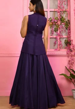 Hand Embroidered Satin Silk Top Set in Dark Purple