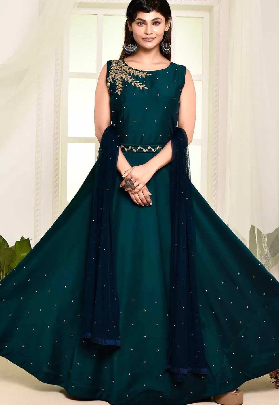 Hand Embroidered Satin Silk Abaya Style Suit in Teal Blue