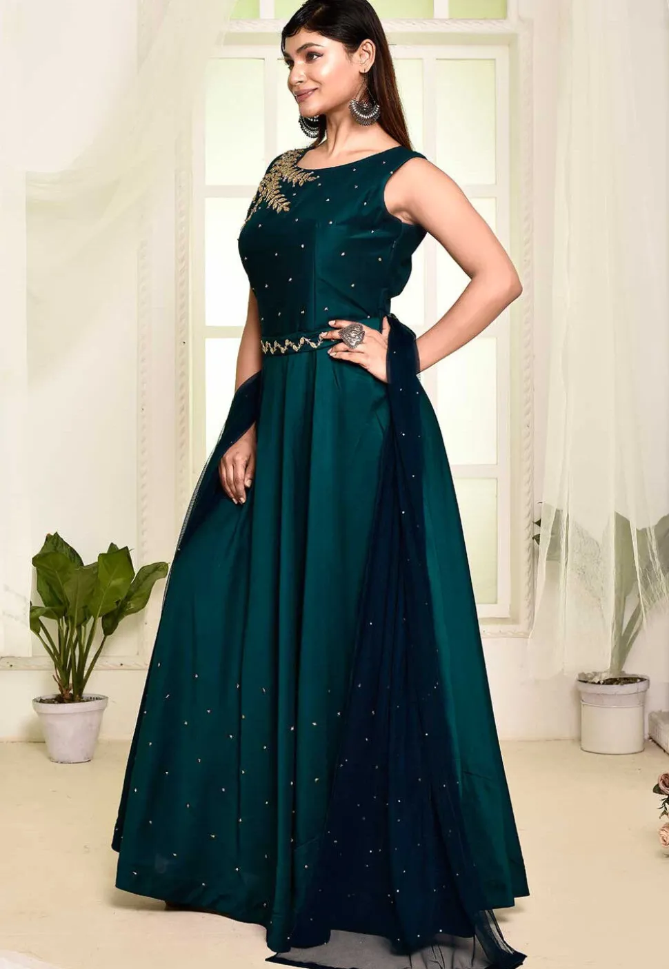 Hand Embroidered Satin Silk Abaya Style Suit in Teal Blue
