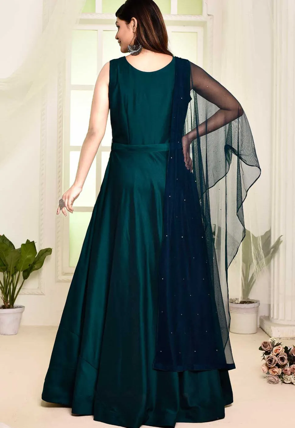 Hand Embroidered Satin Silk Abaya Style Suit in Teal Blue
