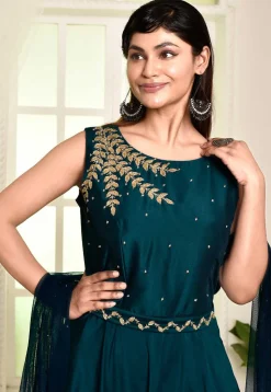 Hand Embroidered Satin Silk Abaya Style Suit in Teal Blue