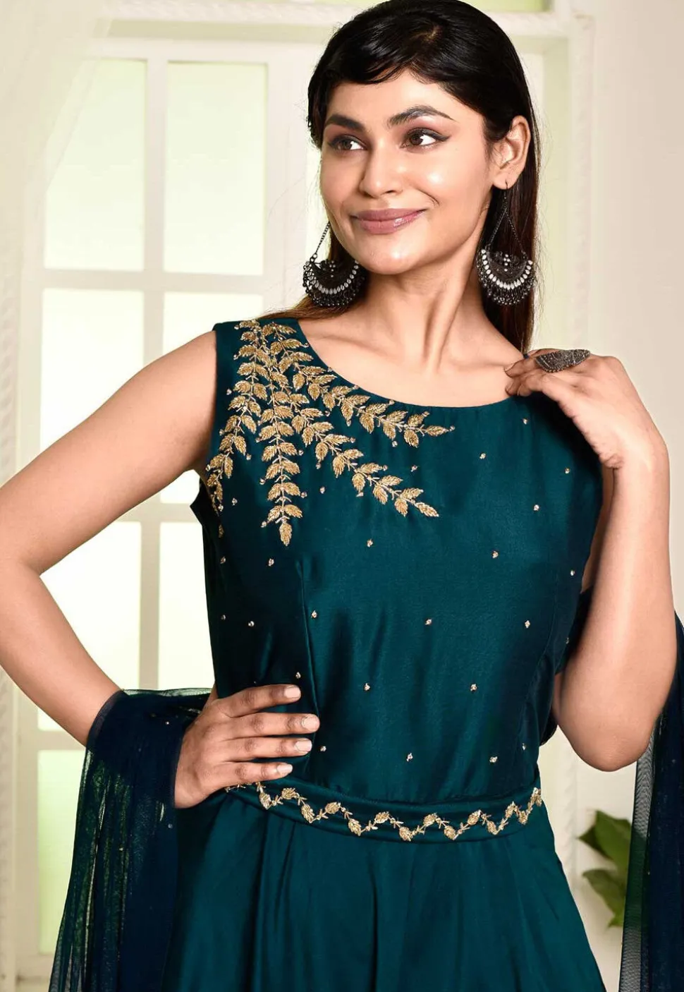 Hand Embroidered Satin Silk Abaya Style Suit in Teal Blue