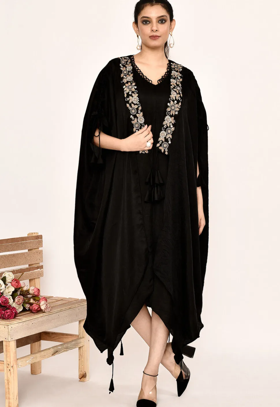 Hand Embroidered Satin Silk Midi Dress in Black