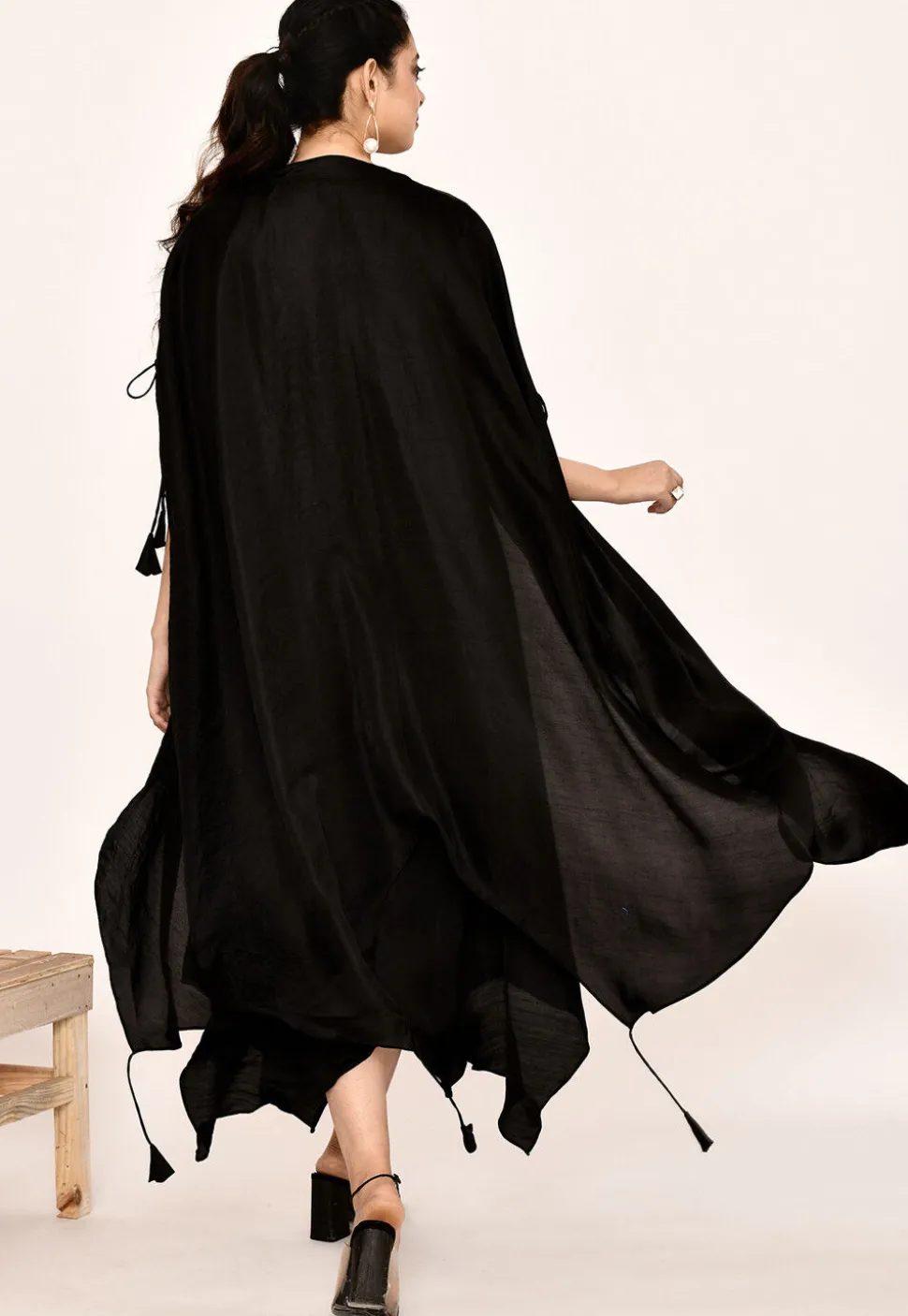 Hand Embroidered Satin Silk Midi Dress in Black