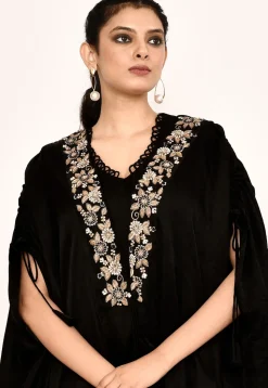 Hand Embroidered Satin Silk Midi Dress in Black